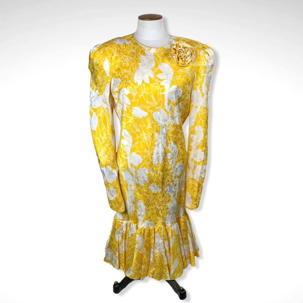 80s Silk Puff Sleeve Drop Waist Ruffle Hem Yellow Dress Vintage